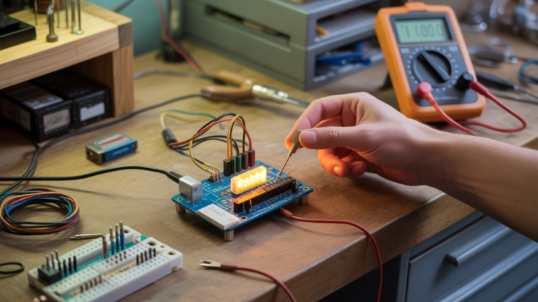 Photo réaliste d’un plan de travail d’électronique avec un Arduino contrôlant l’intensité d’une LED, une main ajustant un potentiomètre et un environnement d’atelier authentique.