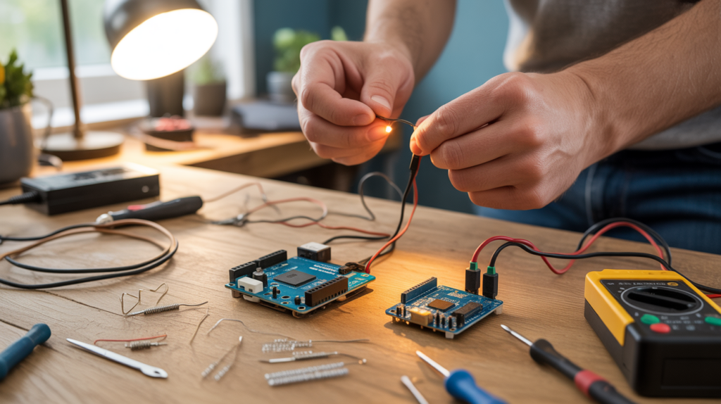 Scène réaliste montrant un Arduino Uno et un Arduino Nano sur un établi en bois dans un atelier d’électronique, entourés d’outils authentiques et d’un projet en cours.