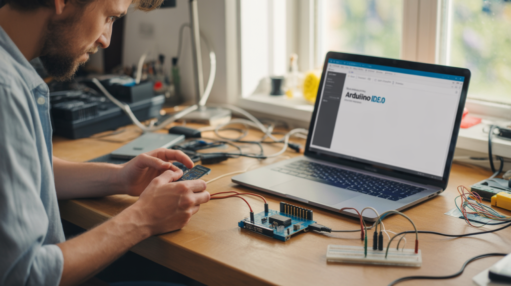 Scène réaliste d’un bureau d’électronique avec un ordinateur affichant Arduino IDE 2.0 et une carte Arduino en cours de prototypage.