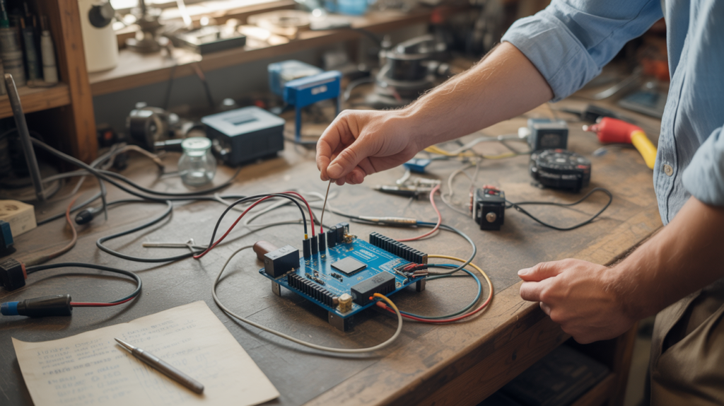Atelier réaliste avec une carte Arduino Mega utilisée dans un projet électronique complexe sur un établi authentique.