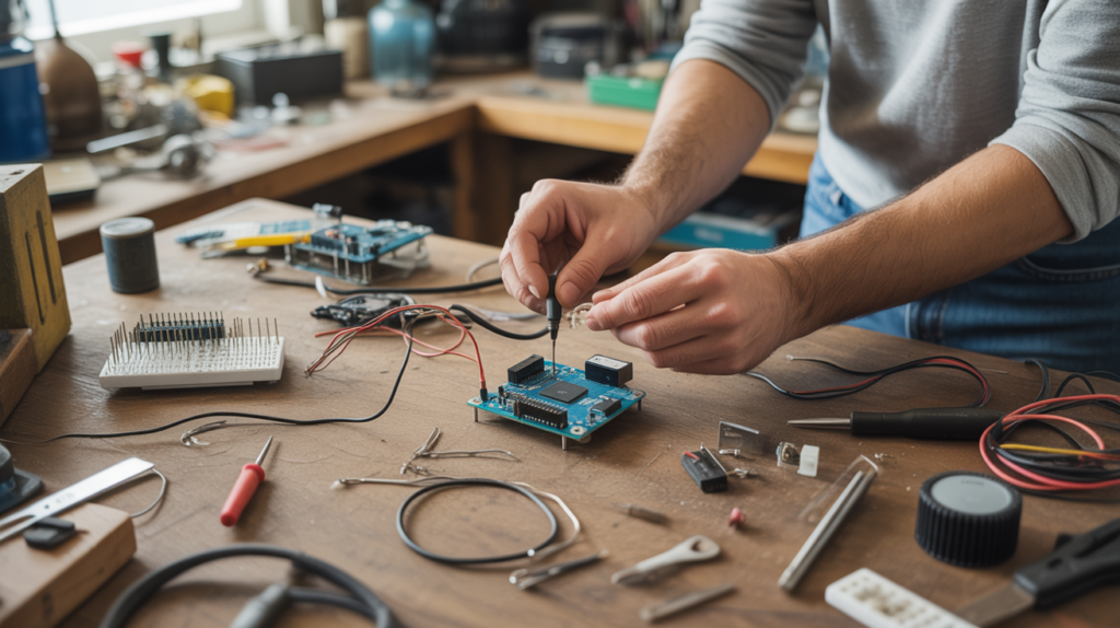 Espace de bricolage réaliste avec un Arduino Nano en cours d’utilisation entouré d’outils et de composants électroniques sur un établi en bois.