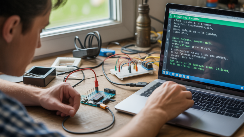 Scène réaliste d'un atelier électronique avec un Arduino connecté à un ordinateur affichant le Serial Monitor, éclairé par la lumière naturelle.