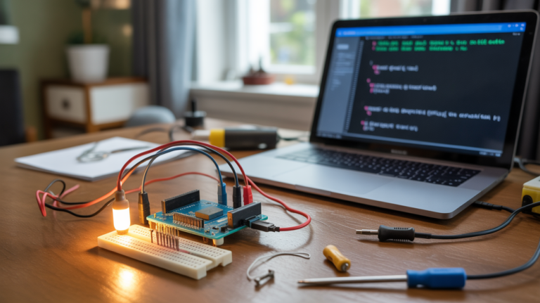 Scène réaliste d’un bureau avec un Arduino Uno, une breadboard et une LED contrôlée en PWM, éclairée par une lumière naturelle.