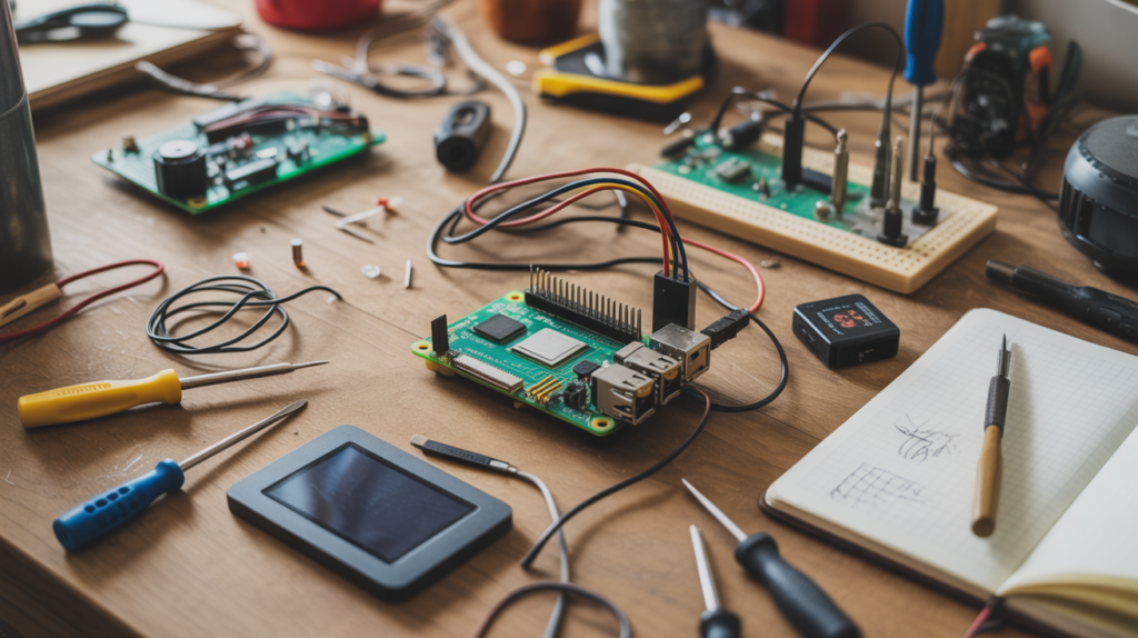 Scène réaliste d’un espace de travail avec un Raspberry Pi entouré de composants électroniques et d’outils, évoquant la créativité et la diversité des projets possibles.