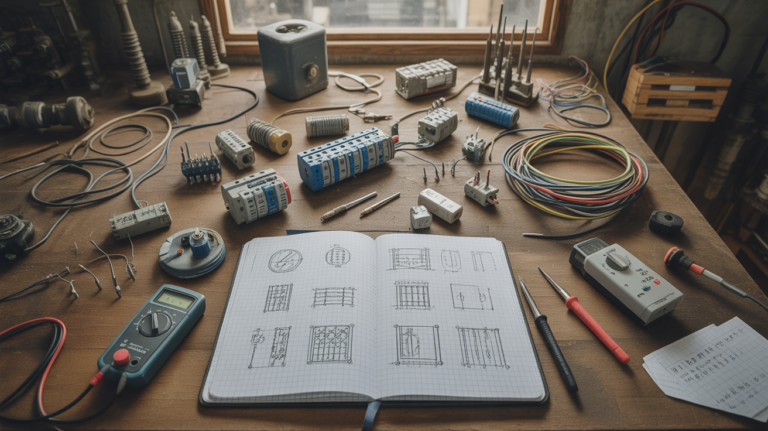 Atelier réaliste d’ingénierie électrique avec composants, schémas dessinés à la main et matériel technique sur un établi.