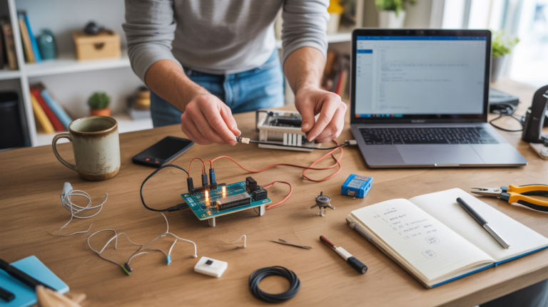 Atelier réaliste avec un Arduino Uno, des composants simples et un ordinateur portable sur un bureau en bois, représentant un espace de bricolage pour débutants.