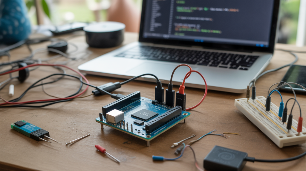 Photo réaliste d’un espace de travail électronique avec une carte Arduino Uno en utilisation, entourée de composants et d’un ordinateur portable.
