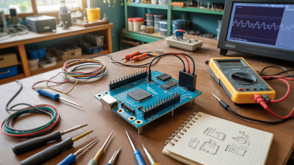 Photo réaliste d’un Arduino Uno sur un bureau d’ingénieur avec outils électroniques et atelier réel en arrière‑plan.