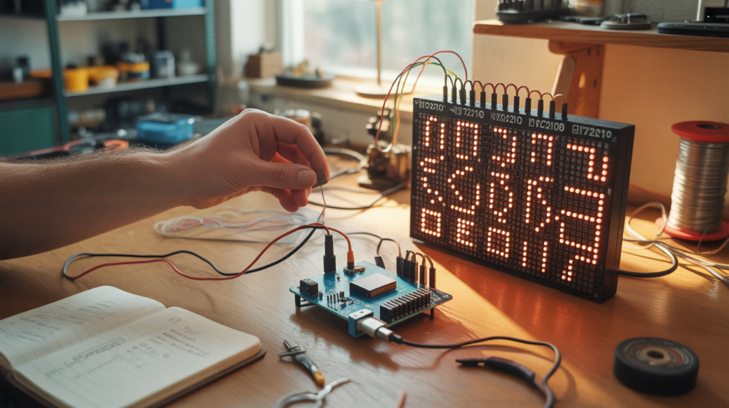 Scène réaliste d’un établi d’électronique avec un Arduino et un module MAX7219 affichant une matrice LED rouge, dans un atelier authentique.