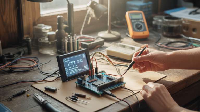 Scène réaliste dans un atelier d’électronique avec un Arduino connecté à un écran LCD I2C éclairé, posé sur un bureau encombré d’outils et de composants.