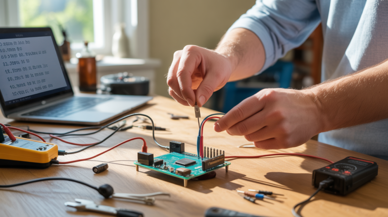 Scène réaliste d’un atelier où une personne travaille sur une carte Arduino avec capteurs et câblages.