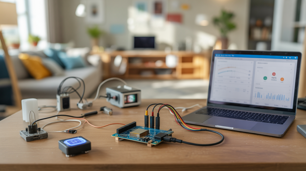 Photo réaliste d’un espace de bricolage montrant une carte Arduino connectée à plusieurs modules IoT WiFi dans un atelier domestique authentique.