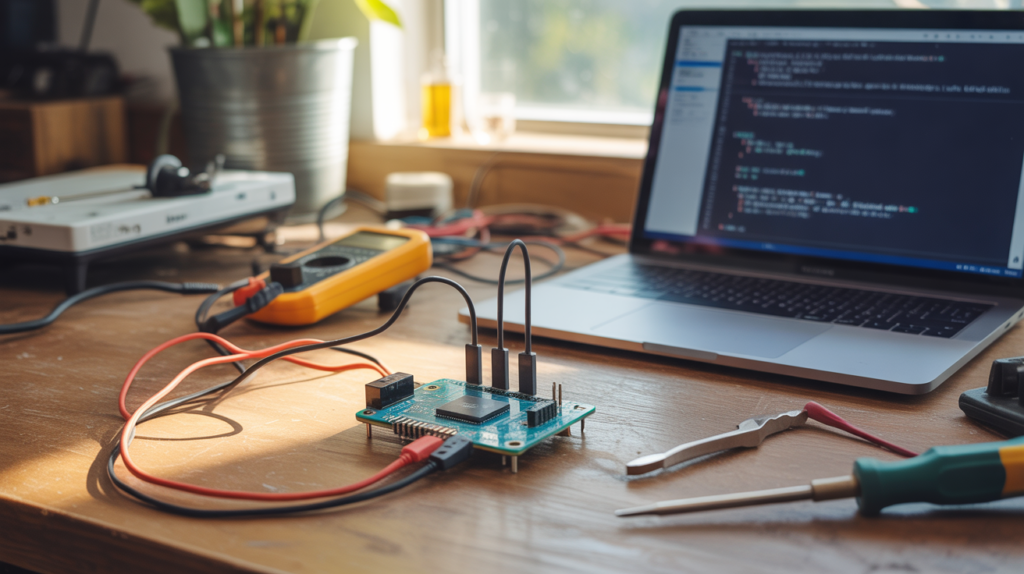 Gros plan réaliste d’un module ESP8266 branché sur une carte Arduino sur un vrai établi, avec un ordinateur affichant l’IDE Arduino et un environnement d’électronique naturel.