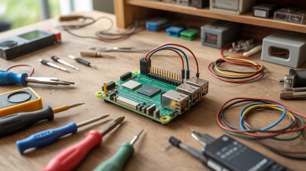 Scène réaliste d’un Raspberry Pi sur un établi en bois avec outils et câbles électroniques dans un atelier authentique.