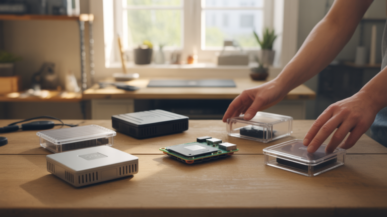 Photo réaliste d'un Raspberry Pi 5 sur un bureau en bois entouré de plusieurs boîtiers modernes de 2026 dans un environnement naturel de bureau à domicile.