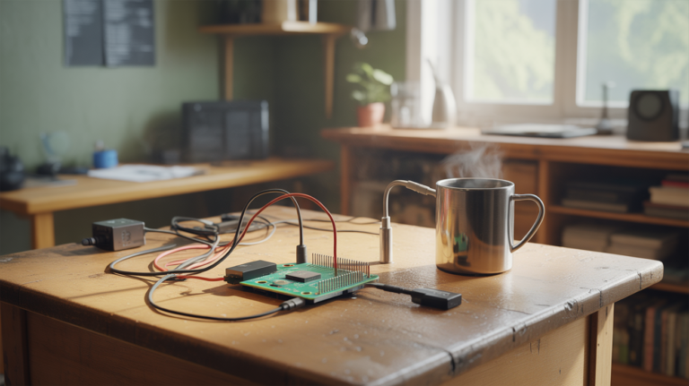 Scène réaliste d’un bureau d’électronique avec un Raspberry Pi connecté à des capteurs DHT22 et DS18B20 dans un environnement naturel.