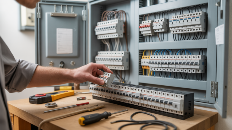 Scène réaliste d’un électricien sélectionnant un disjoncteur devant un tableau électrique ouvert, avec outils et détails authentiques.
