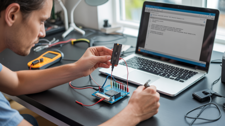 Scène réaliste d’un passionné d’électronique testant la communication série entre un Arduino et un ordinateur portable dans un atelier lumineux.