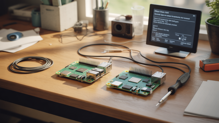 Scène réaliste montrant un Raspberry Pi 5 et un Raspberry Pi 4 côte à côte sur un bureau en bois dans un espace de travail lumineux et authentique.
