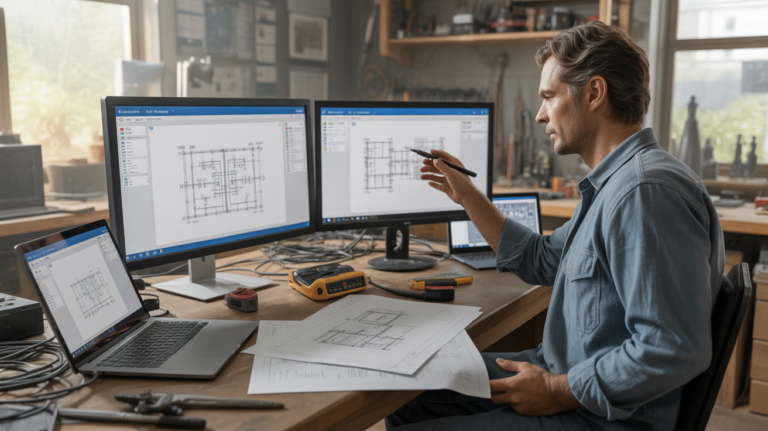 Scène réaliste d’un ingénieur analysant différents logiciels gratuits de schémas électriques dans un atelier moderne avec outils authentiques et environnement détaillé.
