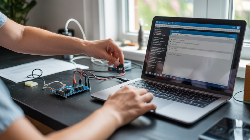 Scène réaliste d'un bureau où une personne configure l'Arduino IDE sur un ordinateur portable avec une carte Arduino Uno connectée et des composants électroniques éparpillés.