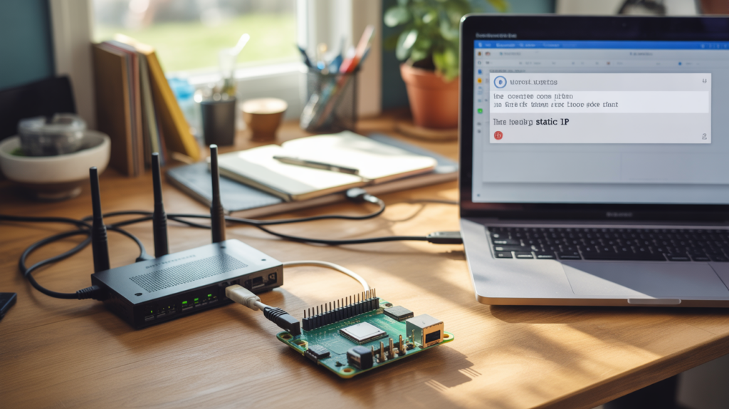 Scène réaliste montrant un Raspberry Pi connecté à un routeur sur un bureau, avec un ordinateur affichant des paramètres réseau dans un environnement naturel et authentique.