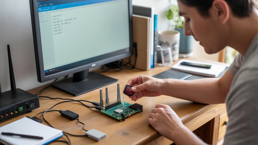 Espace de travail réaliste montrant une personne configurant le WiFi sur un Raspberry Pi avec un bureau en bois et du matériel informatique authentique.