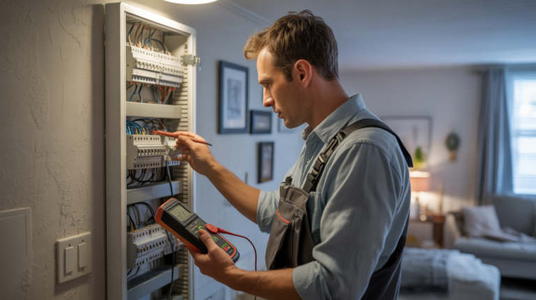 électricien professionnel inspectant un tableau électrique dans une maison réelle, scène naturelle et authentique