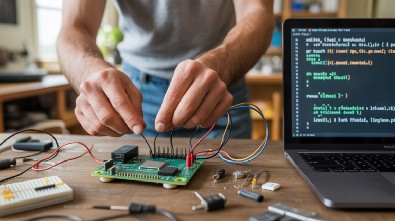 Scène réaliste d’un débutant connectant des fils aux broches GPIO d’un Raspberry Pi sur un établi en bois, avec un ordinateur montrant du code Python.