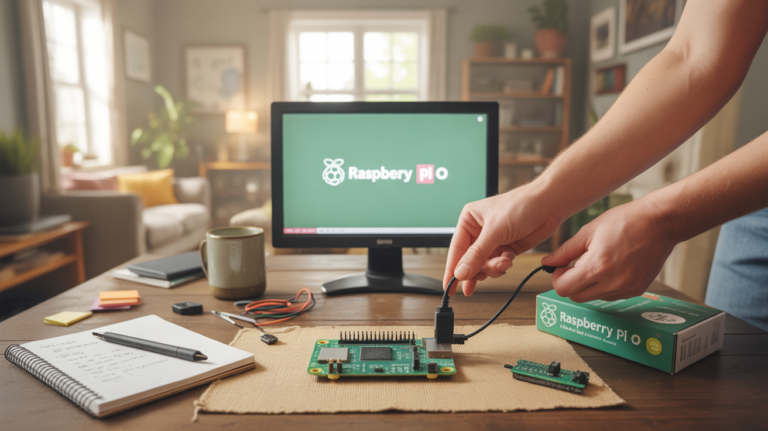 Scène réaliste d’un débutant installant un Raspberry Pi sur un bureau lumineux et naturel.