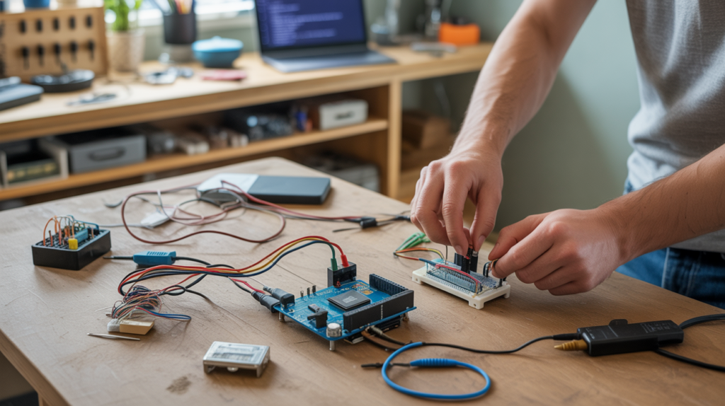 Scène réaliste d’un espace de travail avec un Arduino Uno et des composants électroniques manipulés sur un bureau en bois, dans un atelier domestique authentique.