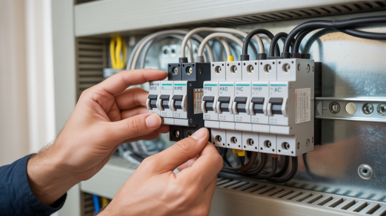 Scène réaliste montrant un électricien installant et comparant un disjoncteur différentiel type A et type AC dans un tableau électrique domestique.
