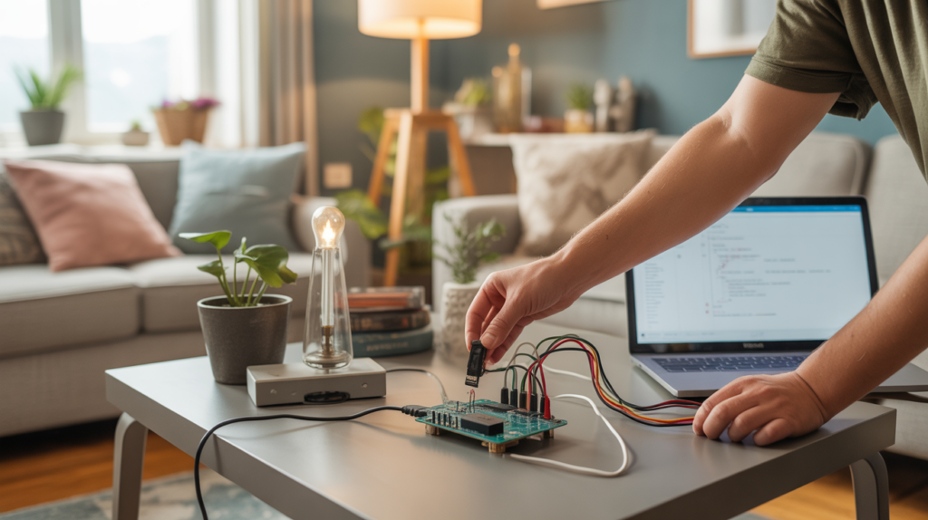 Scène intérieure réaliste montrant un salon chaleureux avec un montage Arduino contrôlant une lampe et des capteurs dans un cadre domestique naturel et authentique.