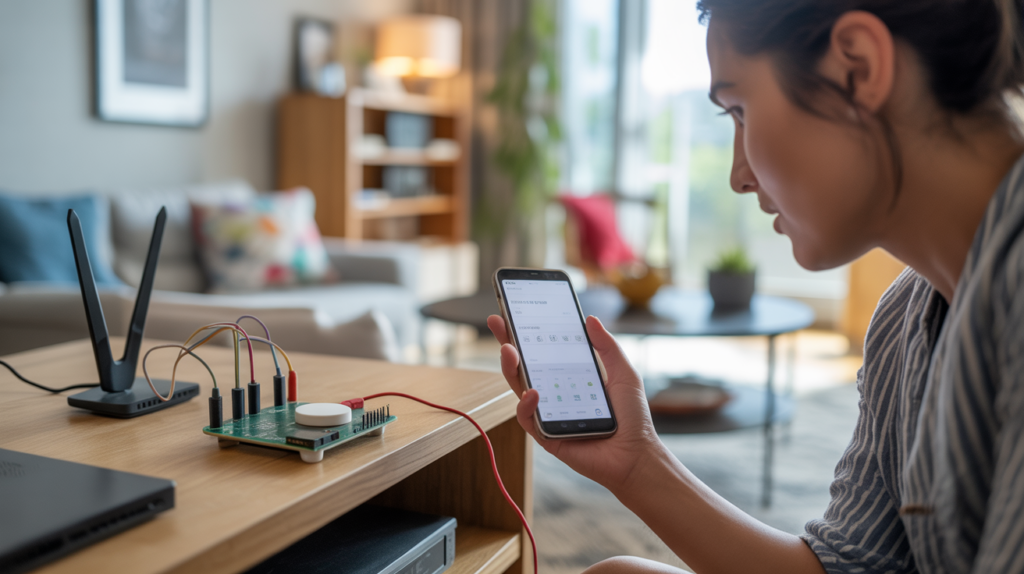 Salon moderne et réaliste où un Raspberry Pi contrôle des éléments de domotique, avec une personne utilisant une application sur son smartphone dans une scène naturelle et authentique.