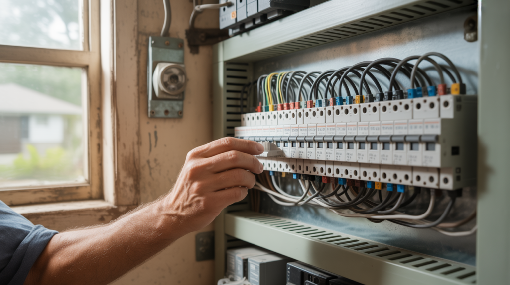 Scène réaliste montrant un électricien travaillant dans un tableau électrique domestique ouvert avec disjoncteurs différentiels et câblages visibles.
