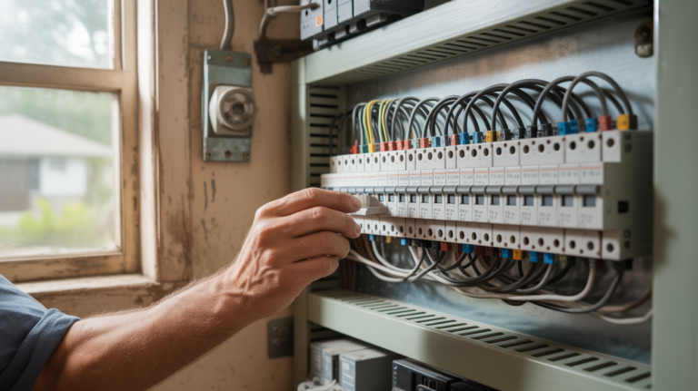 Scène réaliste montrant un électricien travaillant dans un tableau électrique domestique ouvert avec disjoncteurs différentiels et câblages visibles.