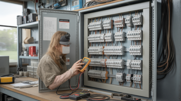 Électricien vérifiant un tableau électrique domestique ouvert avec des disjoncteurs détaillés et câblage réaliste dans un atelier moderne.