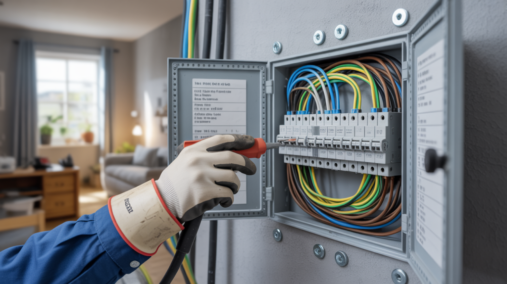 électricien français travaillant sur un tableau électrique domestique avec fils aux couleurs normalisées bleu vert-jaune et marron dans une scène réaliste