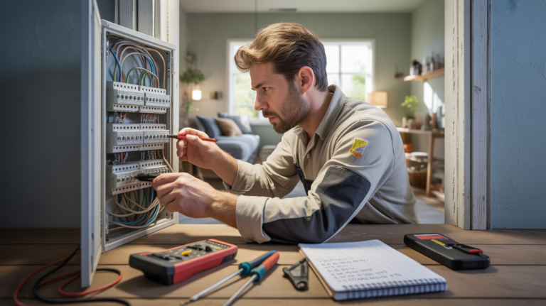 Électricien professionnel inspectant un tableau électrique dans une maison réelle avec outils au sol et lumière naturelle.