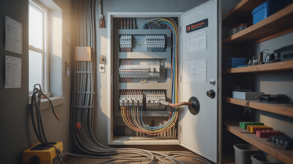 Électricien travaillant sur un tableau électrique triphasé ouvert dans une pièce technique réelle, avec câblage coloré, outils professionnels et environnement authentique.