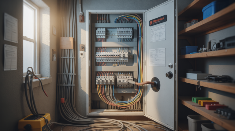 Électricien travaillant sur un tableau électrique triphasé ouvert dans une pièce technique réelle, avec câblage coloré, outils professionnels et environnement authentique.