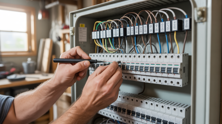 Gros plan réaliste d’un tableau électrique ouvert, où un électricien étiquette soigneusement chaque circuit dans un cadre authentique et lumineux.