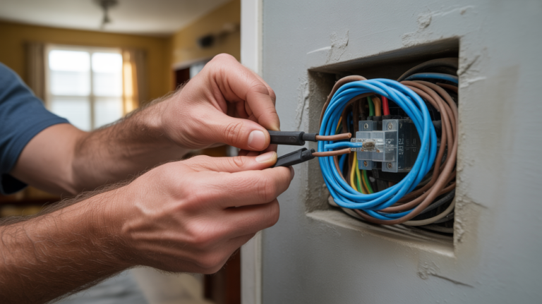 Gros plan réaliste d’un électricien ouvrant un boîtier avec un fil bleu bien visible au milieu d’autres fils, dans un intérieur authentique.