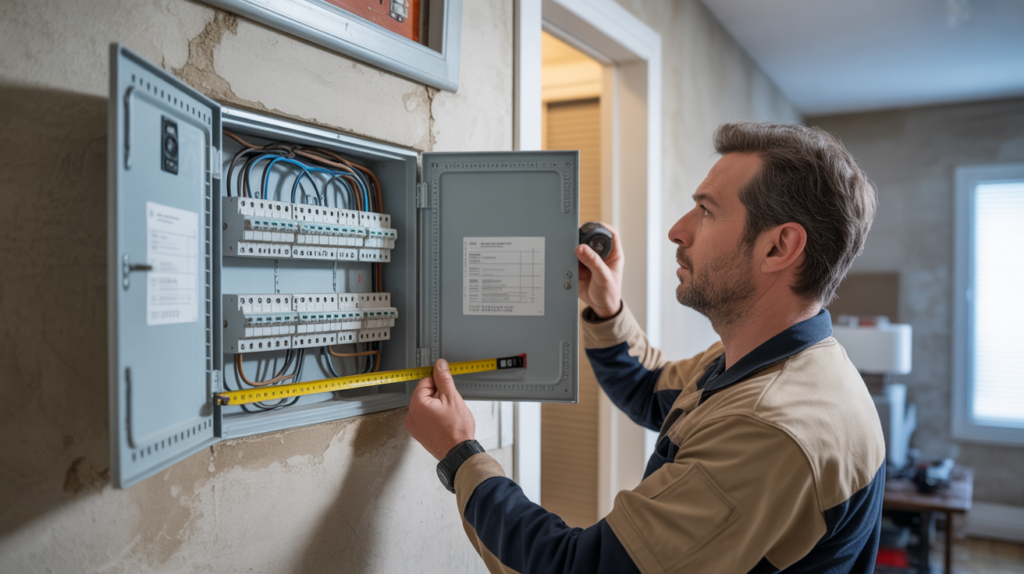 Électricien vérifiant la hauteur réglementaire d’un tableau électrique dans une maison française, panneau ouvert et installation réaliste.