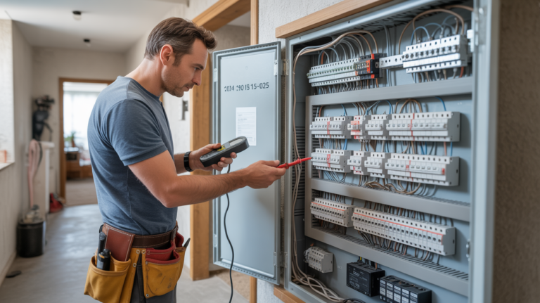 Électricien vérifiant un tableau électrique moderne conforme à la norme NFC 15-100 dans une maison réelle, avec détails authentiques et scène réaliste.