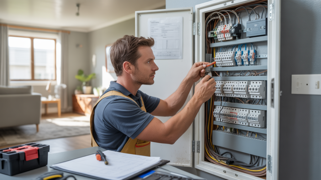Électricien inspectant un tableau électrique ouvert dans une maison moderne, scène réaliste et naturelle illustrant une mise aux normes électrique.