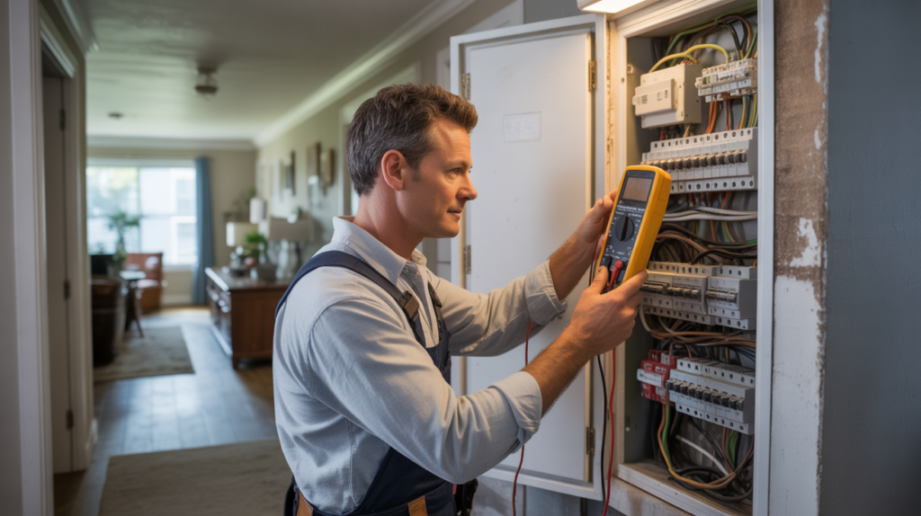 Scène réaliste d'un électricien inspectant un panneau électrique dans une maison moderne, avec des détails naturels et authentiques.