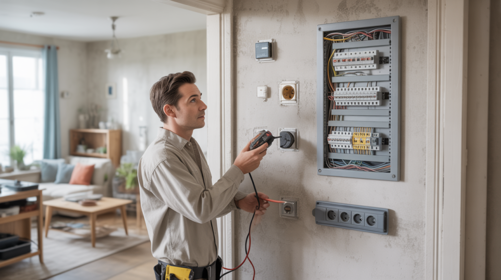 Électricien vérifiant les installations électriques d’une maison française moderne avec un tableau électrique ouvert et des détails réalistes du quotidien.
