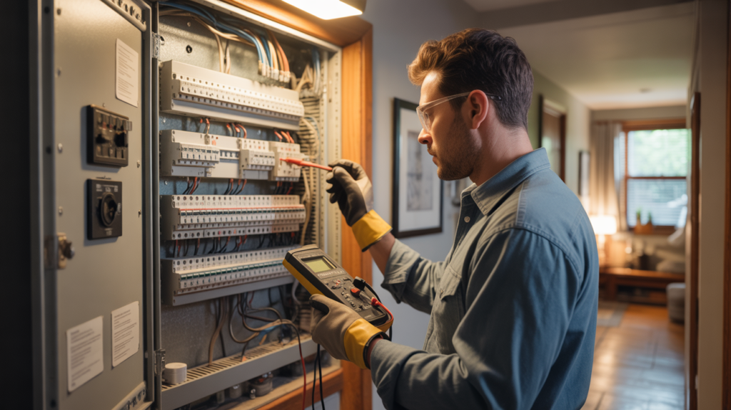 Électricien professionnel inspectant un tableau électrique ouvert dans une maison moderne, avec câblage détaillé et environnement réaliste.