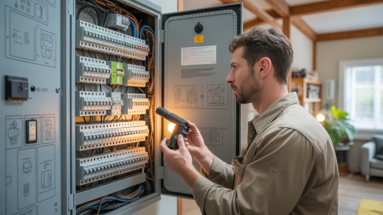 Electricien inspectant un tableau électrique ouvert avec des symboles techniques visibles dans une scène réaliste et naturelle.